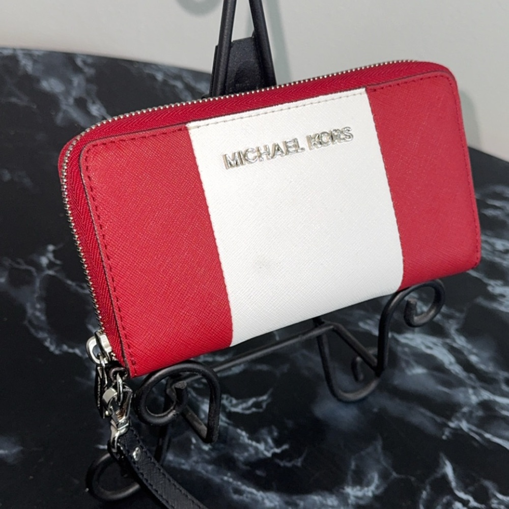 Michael Kors Large Wallet Wristlet Clutch Leather Zip Red White AUTHENTIC - Picture 1 of 9